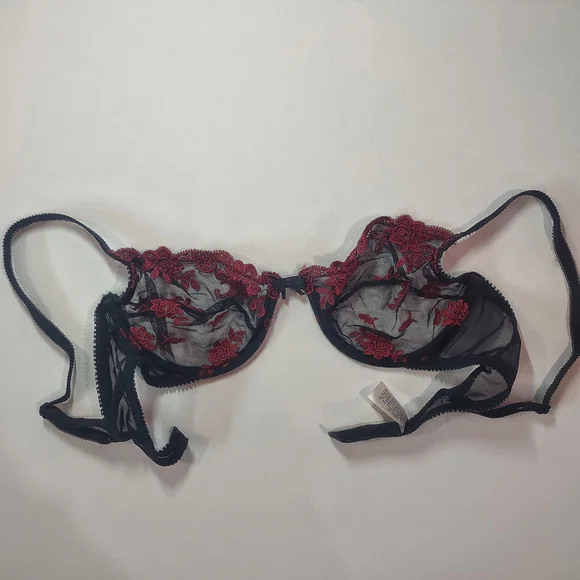 Ralph Lauren Vintage Black Lingerie Unlined Bra Red Embroidered Flowers| 34B - Picture 2 of 5